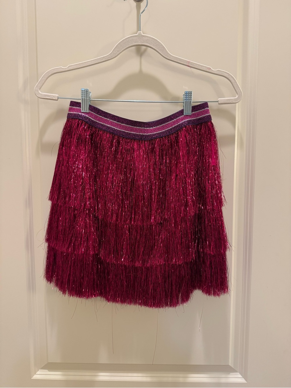 Tiered Metallic Fringe Mini Skirt in Magenta